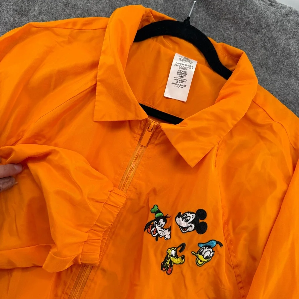 Disney Windbreaker Jacket Unisex XL Orange Mickey & Friends Embroidered Zip Up - Picture 1 of 16